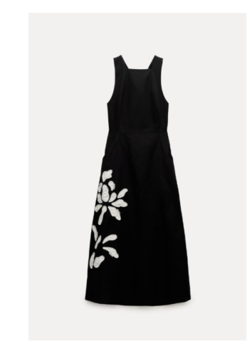 Zara Womens Dress M Black Embroidered A-Line Beaded Linen Blend 6895/042 NWT