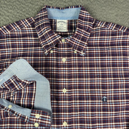 Brooks Brothers Oxford Button-Down Hemd Herren L lila kariert OCBD Regent Logo