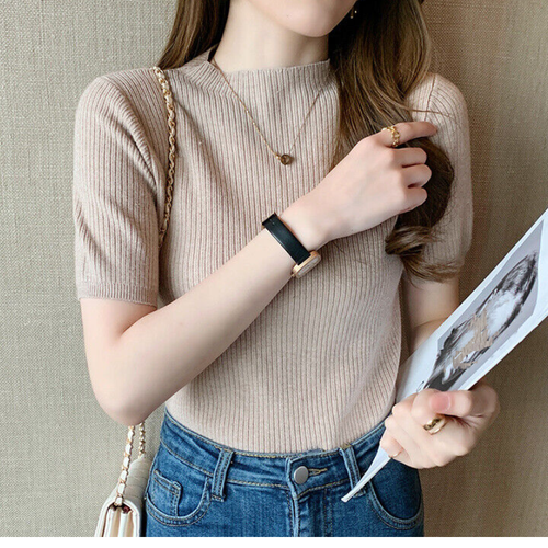 Women Korean Fashion Summer Short Sleeve Knit Basic Pullover Tops Blouse Shirts - Afbeelding 18 van 25