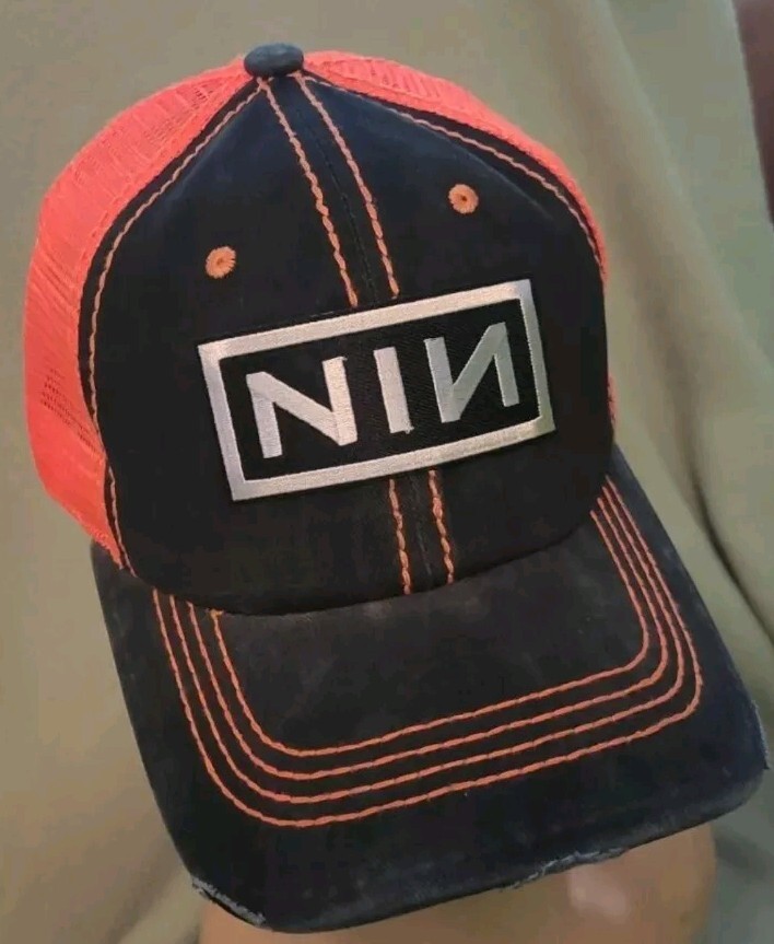 NIN Baseball Cap Black & Neon Orange Distressed Nine Inch Nails
