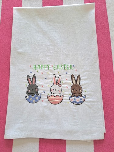 Easter Kitchen Tea Towel Embroidered Bunnies In Shells Hanging Loop Novelty Gift - Picture 4 of 5