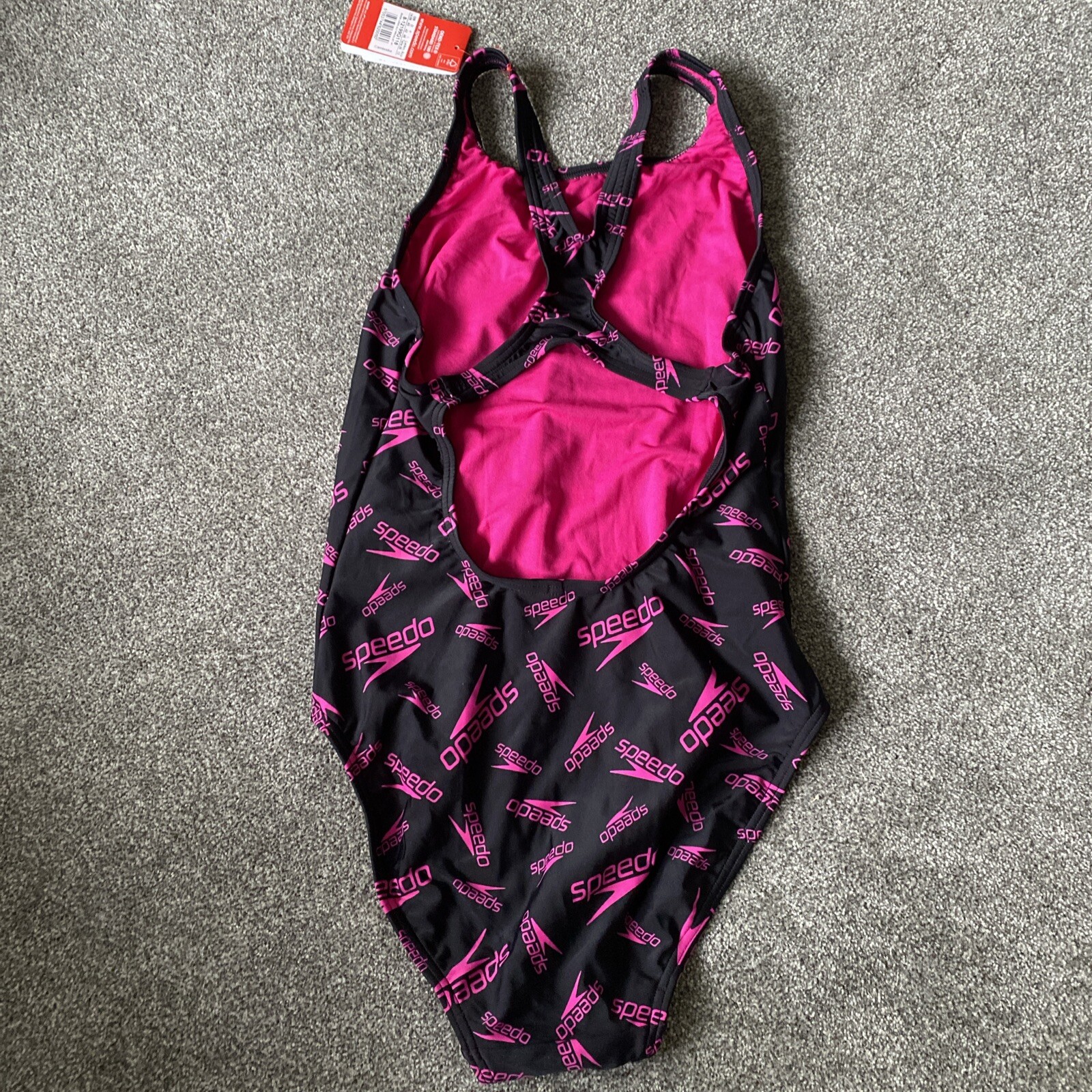 Speedo Women's Pink Boom Logo Allover Medalist Swimming Costume Size 14
