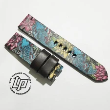 Handcrafted Japanese Carp Koi & flowers tattoo painted Watch Strap Free Buckle.