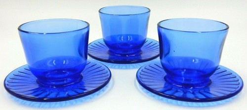 SET OF 3 COBALT BLUE GLASS CONNECTED SAUCER CUPS, MACBETH-EVANS PETALWARE - Picture 2 of 11