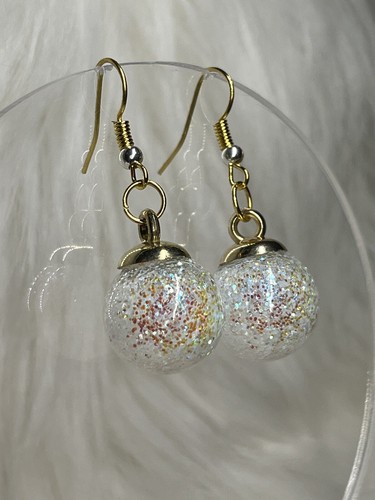 Christmas Holiday Mini White Holo Glitter Glass Ball Ornament Earrings FAST SHIP - Picture 2 of 5