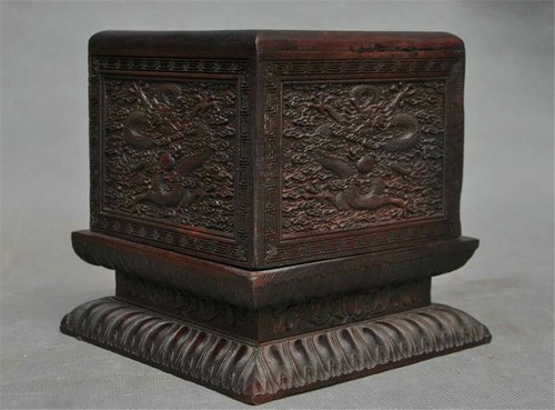 Caja de sellos antiguos de 5 dragones tallados a mano de madera china Huanghuali de 6" - Imagen 6 de 12