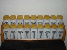 Vintage Griffiths 18-Bottle Milk Glass Spice Jar Set with Wood and Metal Rack