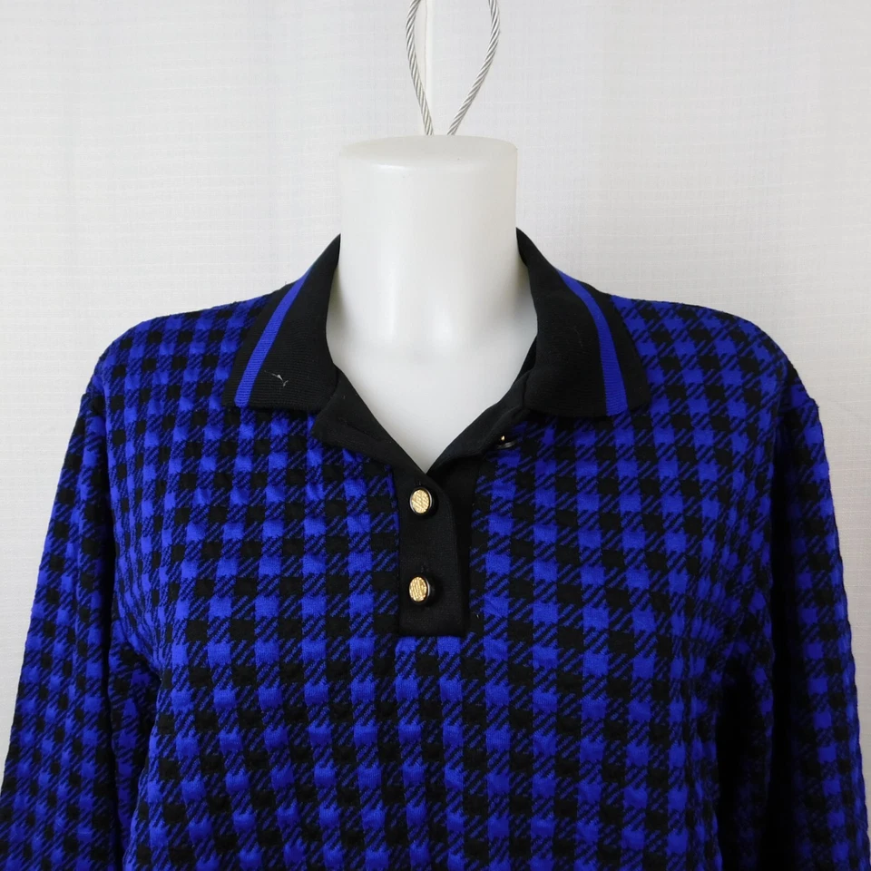80s Alfred Dunner Collared Henley Sweater Black-Cobalt Houndstooth, Large #9846 - Image 2 of 4