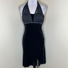 Vtg Taboo Halter Dress Medium Velvet Tulip Hem Rhinestone Velour Black Y2K Party