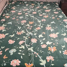 Fieldcrest Queen Fitted Bed Sheet Vintage Cottagecore Floral Birds Dark Green