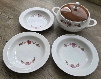 Scherzer Bavaria Porzellan Terrine + 3 Suppenteller Vintage
