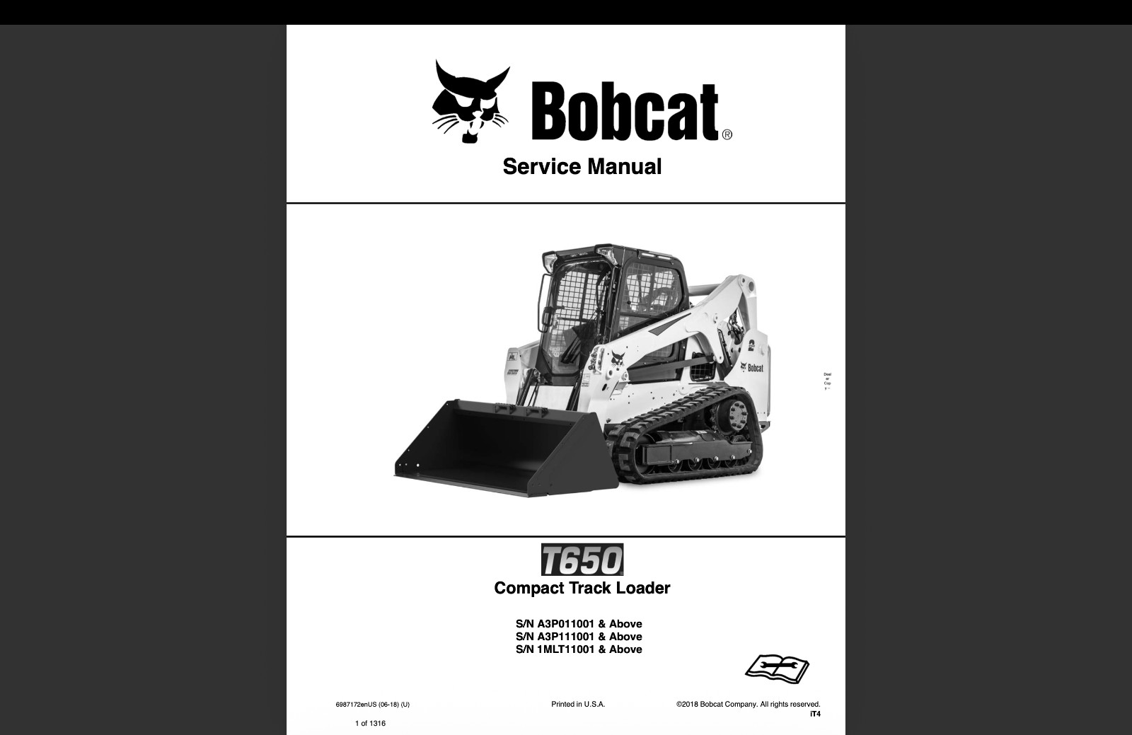 Bobcat T650 Service Repair Manual, Workshop Manual