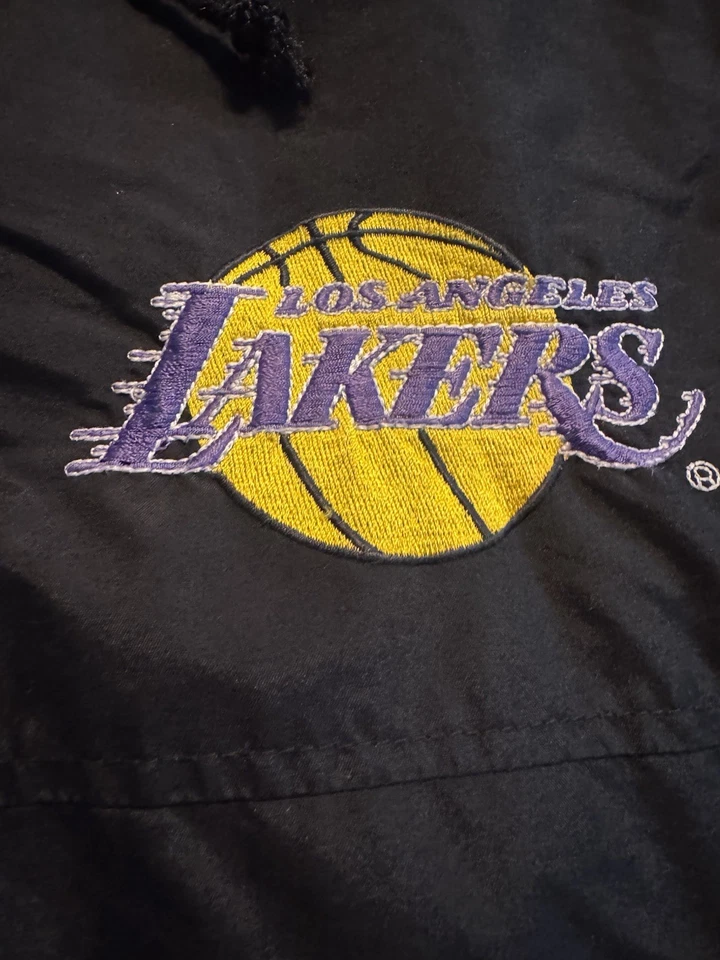 VTG STARTER Los Angeles Lakers Hooded Jacket Sz XL Black Purple NBA Embroidered - Image 2 of 4