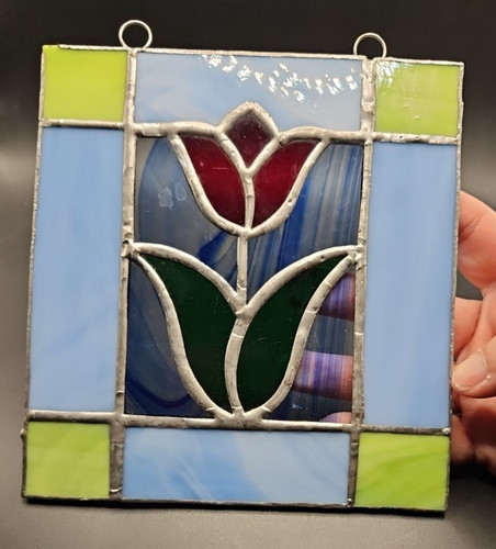 Vintage Stained Glass Suncatcher Square Tulip Color Block Window Decor Blue