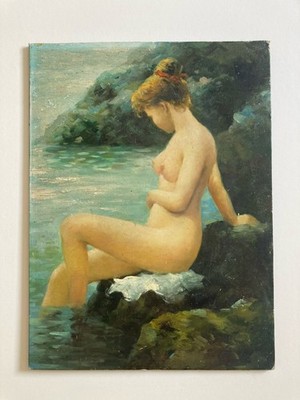 Vintage Ölgemälde Akt Studie am Strand Felsen Leinwand über Holzplatte