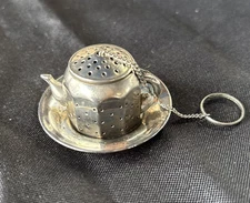 Vintage Tea Strainer Teapot Infuser With Tray made in Japan stainless steel 