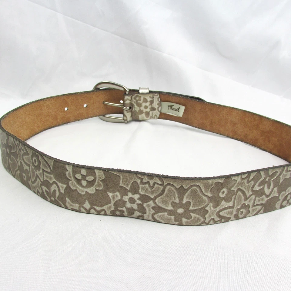 Cinturón de cuero Fossil talla S 36" plateado bronce cepillado con diseño de flores en relieve Foto 3 de 4