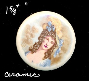 Beautiful Lady Head on Porcelain Button ; Decal, Big Hat, Long Hair, 1 & 5/8"