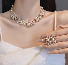 Beautiful Faux Pearl Necklace 16-18 With Rhinestones And Earrings Set