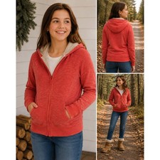 LL Bean Girls Red Heathered Full Zip Fleece Lined Hoodie Jacket Size L 14-16