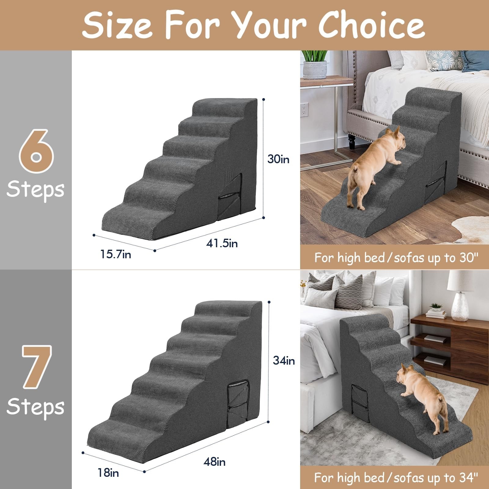 Pet Stairs for High Bed - LitaiL Stairs for Dogs to Get on Bed, 6 Steps Foam ...
