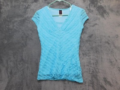 Wrapper Blouse Juniors Small Blue Lace V Neck Cap Sleeve Stretch Made USA Top
