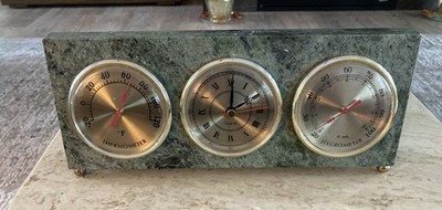 Hygrometer On Green Marble Base, Thermometer, Clock, %Rel