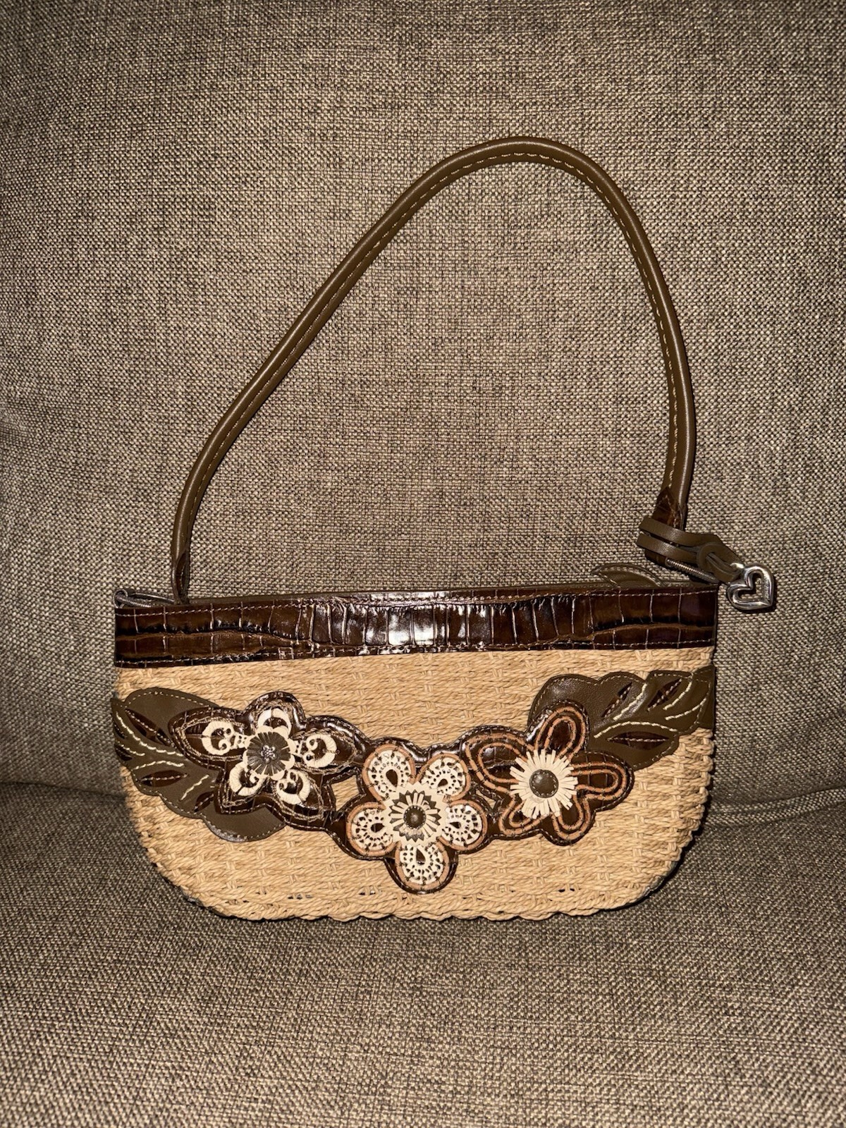 Brighton Women's Very Clean Brown Jute Leather Flower Shoulder Bag Mini Purse