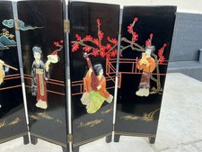 Vintage Chinese Black Lacquer 4-Panel Tabletop Folding Screen – Carved Soapstone