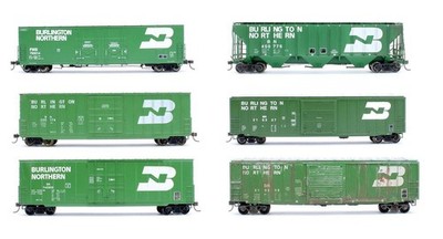 VERSCHIEDENE MARKENSPUR ''HO'' KONVOLUT 6 GRÜNE BURLINGTON NORTHERN BOX CAR/HOPPER WAGON