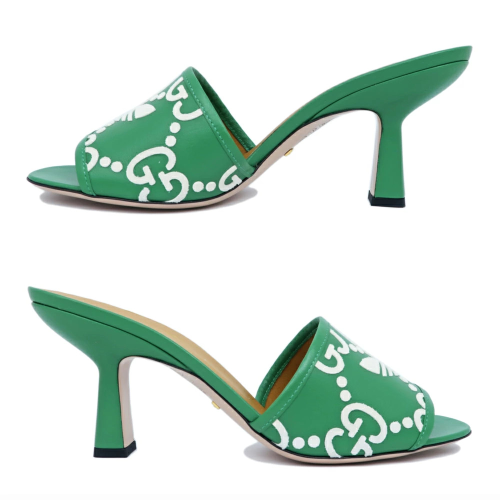 GUCCI Adidas Collaboration Sandals Green White 722445 Size 40 Mule Heel Logo Lad thumbnail 3