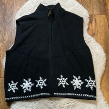 Lisa International Vest Womens Large Boiled Wool Embroidered Snowflake Black Wht