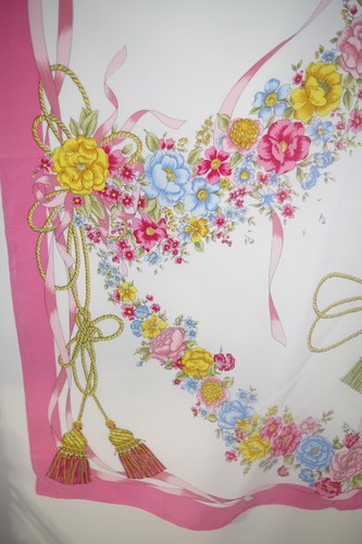Signed Bayron Vintage Silk 32" Square Scarf Tassel Bow Floral Print Pink Border - Picture 8 of 15