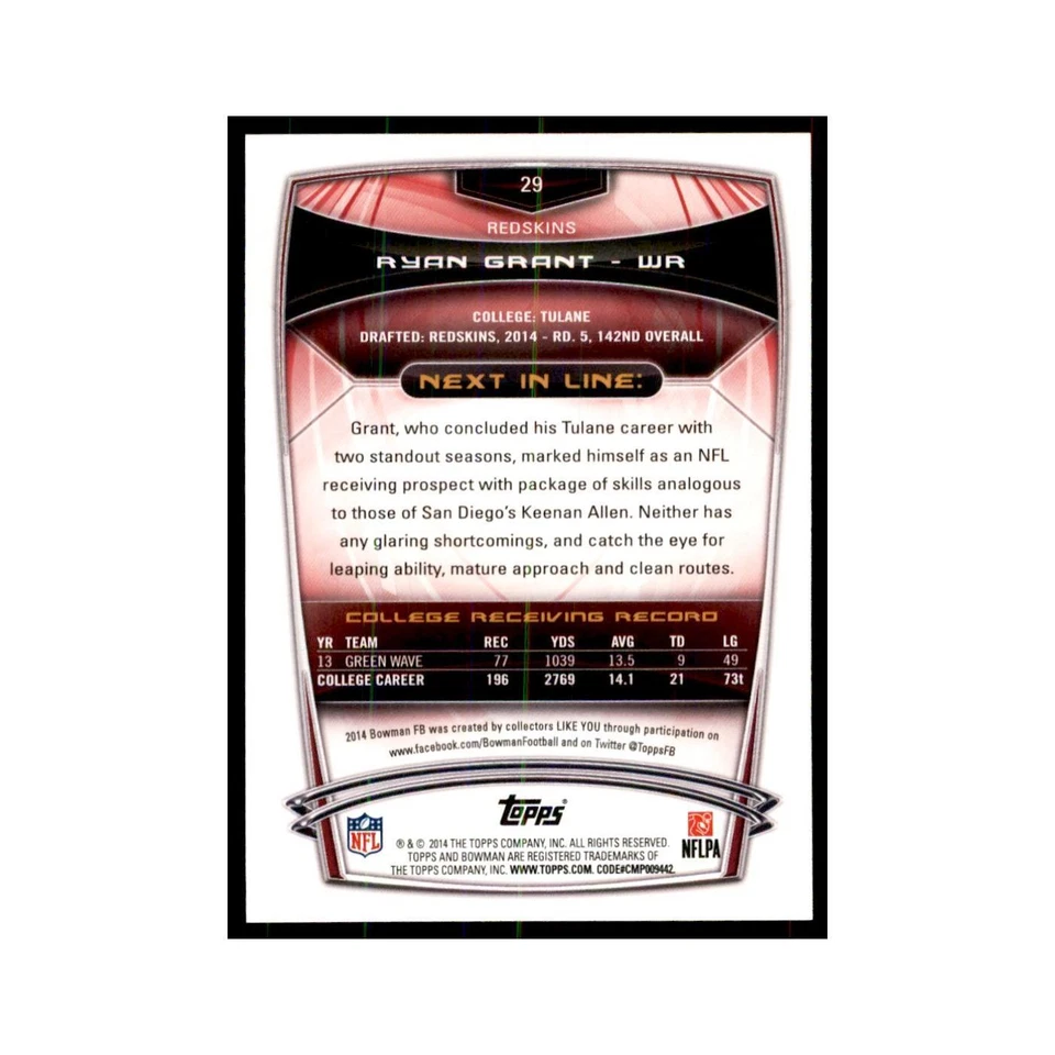 2014 Bowman Ryan Grant RC Football Cards #29 - Image 2 of 3