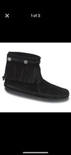 New MINNETONKA Fringe Moccasins Black Suede Ankle Booties USA Made Sz 6 NOS Soft