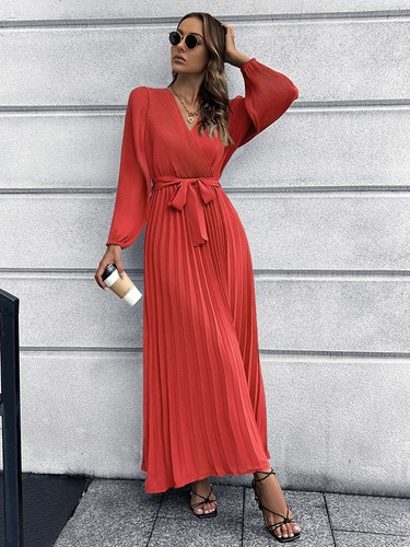 Women Casual Long Sleeve V-Neck Pleated A-Line Long Maxi Dress - Picture 9 of 24