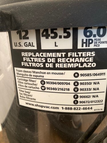 12 Gallon Shop Vac Replacement Parts 6.0 HP Model SL14-600C - Picture 3 of 36