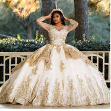 Shiny Quinceanera Dress Ball Gown Gold Lace Applique Beaded Pearls Sweet16 Party