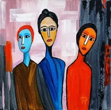Three Abstract People Figures Original Oil Painting Figurative Art 10x10 Cubism