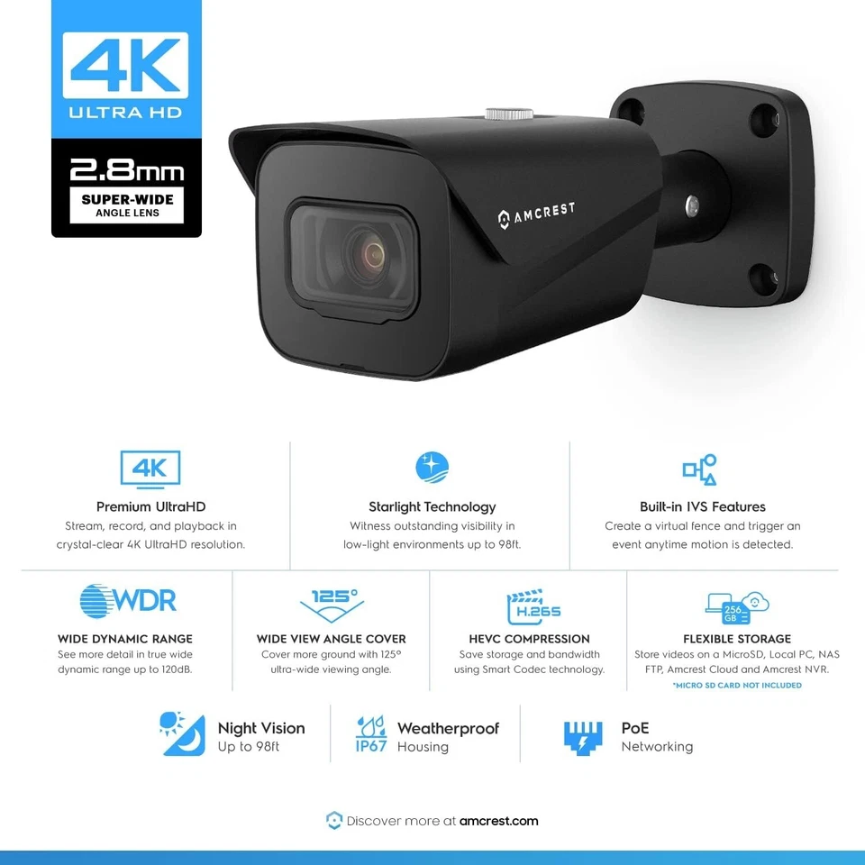 Amcrest UltraHD 4K (8MP) Bullet POE IP Security Camera IP8M-2496EB-V2 Warranty - Image 2 of 4