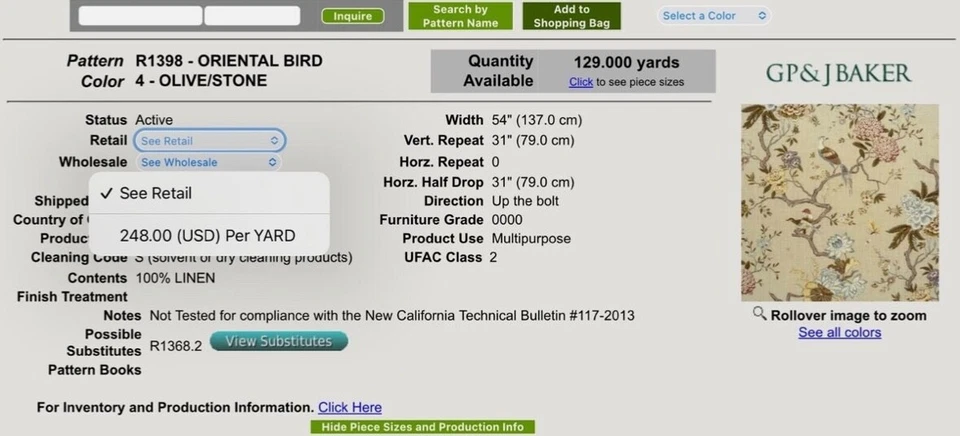 GP&J Baker 英国东方鸟 R1398 橄榄石颜色 1 全码亚麻织物 全新 — 第 3/4 张图片