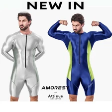 AMORESY Men's Tracksuits Jumpsuits Shiny Glossy Bodysuit Tights Overalls Suits