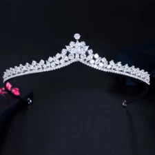 Silver Plated CZ Leaf Crystal Drop Tiara Crown Wedding Bridal Queen Pageant Prom