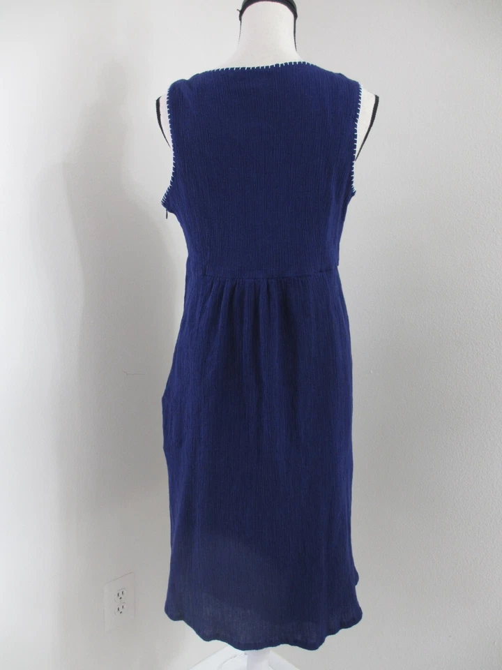 Navy Blue Applique Embroidered Sun Dress Women's 14 Sleeveless Gauze Cotton Boho - Image 4 of 4