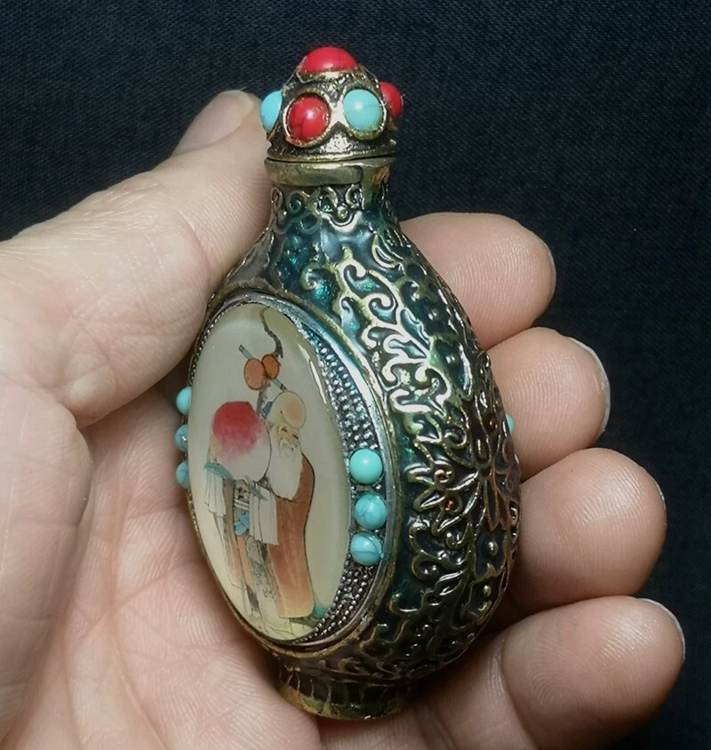 Incrustación de bronce chino de 3,2 pulgadas dios de la riqueza dios de la longevidad botellas de tabaco regalo Foto 2 de 4