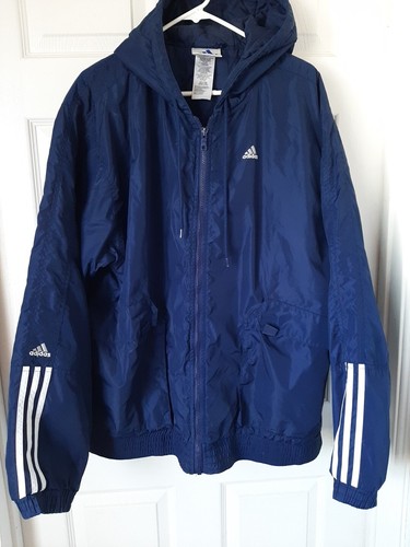Mens Adidas Navy Quilted Hooded Jacket With 3 White Stripe Size XL - Picture 5 of 10