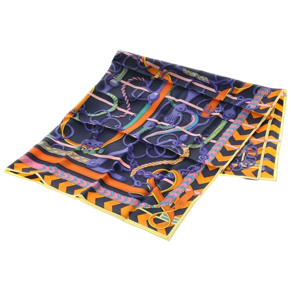 Hermes 90 Silk Scarf with Equestrian Design in Blue Multicolor 34.6x35in