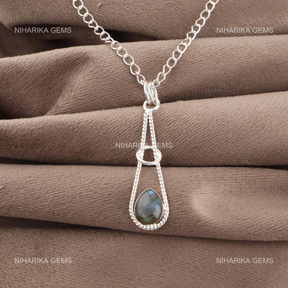 925 Silver Pear Natural Labradorite Wedding Wife Third Eye Chakra Unique Pendant - Image 3 of 4