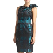 Teri Jon By Rickie Freeman Teal Sheath Dress Size 6 Ruffle Bow Silk Satin Ruched