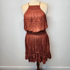 Halston Smocked Satin Dress Size M Pleated High Neck Elastic Waist Ruffle Hem